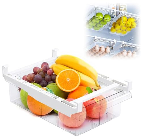 Organizzatore per Frigorifero, 30,5 x 20 x 9,5 cm, Organizzatore a Cassetto Retrattile per Frigorifero, Organizer per Cassetti Frigo Trasparente Rimovibile Contenitori, per Verdure, Frutta, Uova