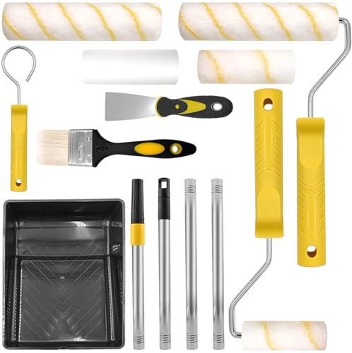 12 Pezzi Kit Rullo Pittura con Asta Estensione Telescopica, Composto Vaschetta per Verniciare, Pennelli pittori, Spatola, Miscelatore, Set Vassoio e Supporti Rulli per Dipingere Pareti, Soffitti,Porte