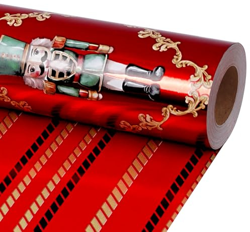 BIOBROWN Presentpapper jul, röd nötknäppare, 43 cm x 10 m | Vändbar med rött nötknäppare och randigt mönster, för festliga gåvor, julfester och hemliga jultomtar