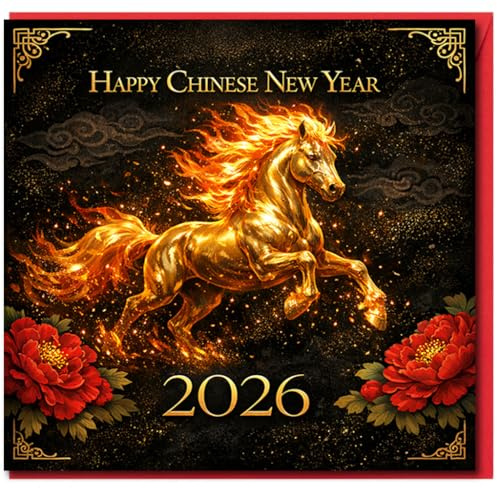 Chinese New Year 2026 Greeting Card - Year of the Horse - Elegant Gold Horse and Peony Design - Lunar New Card for Family and Friends