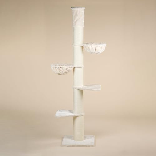 RHRQuality Kratzbaum für große Katzen – Maine Coon Tower Plus – 235 bis 255 cm hoch – Mit extra dicken 20 cm Sisalstämmen – Creme