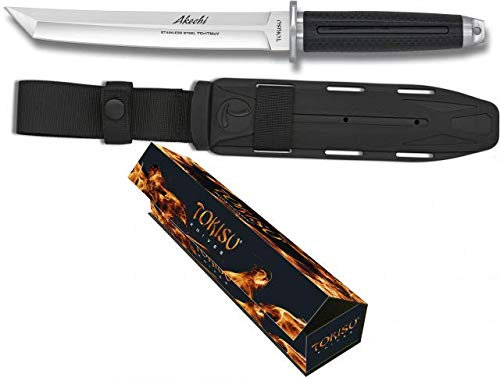 Tokisu Cuchillo japonés K25 Akechi Hoja 19,4 cm terminada por CNC, empuñadura de Goma Virola CNC para Caza, Camping, Outdoor, Supervivencia 32382 + Portabotellas de regalo
