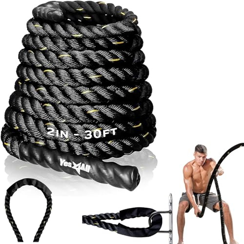 Yes4All stridsrep 9 m/12 m/15 m längd, 38 mm/50 mm diameter Poly Dacron stridsträning träningsrep med skyddskåpa – stålankare och rem ingår