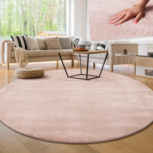 Paco Home Moderner Kuscheliger Wohnzimmer Teppich Kurzflor waschbar flauschig Weich Einfarbig Felloptik zeitlos stilvoll rutschfest pflegeleicht, Grösse:160 cm Rund, Farbe:Rosa
