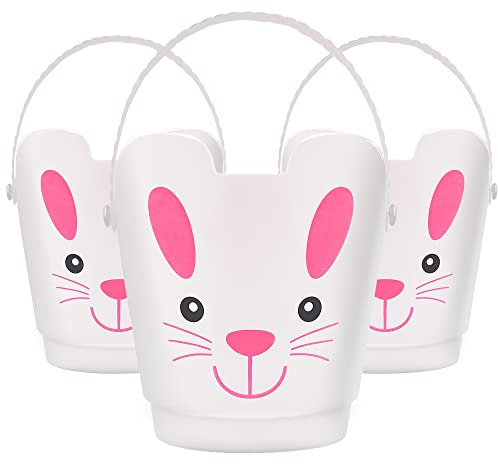 Zcaukya Easter Buckets, Set of 3 Plastic Easter Bunny Baskets with Handles, Empty Plastic Easter Pails for Kids Easter Egg Hunt Party Favors