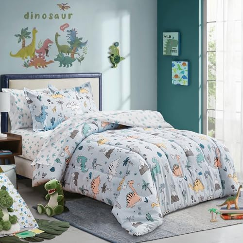 Joyreap 7 Piece Queen Size Bed in a Bag, Colorful Dinosaur on Light Blue, Soft Microfiber Comforter Set for Kids Boys n Girls (1 Comforter, 2 Pillow Shams, 1 Flat Sheet, 1 Fitted Sheet, 2 Pillowcases)