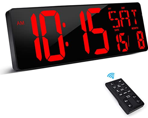 XREXS Large Digital Wall Clock with Remote Control, 16.5 Inch LED Large Display Count Up & Down Timer, Adjustable Brightness Alarm Clock with Day/Date/Temperature for Home, Gym, Office and Classroom