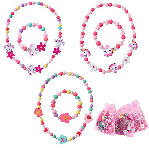 6Stk Kinderschmuck, Holz Kinder Schmuck Set, Schmuck Mädchen Halskette Armband Kinder, Einhorn Armbänder Mädche, Bunte Perlen Freundschaftsarmband für Mädchen Geburtstag Party Dress Up Kostüm Zubehör