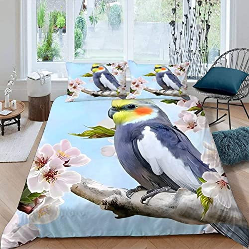 VASENA Bettwäsche Papagei Blume Bettwäsche 135x200 Kinder Vogel Auf AST Bettbezug Set Weich Microfaser Kinderbettwäsche 3 Teilig Mit ReißVerschluss Mit 2 Kissenbezug 80x80 cm
