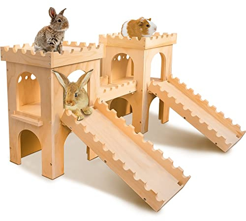 Castillo de Madera Extra Grande para Conejos, túnel escondite y Cama para Animales pequeños, cabaña de construcción sólida y Segura, cabaña escondite para Conejos, cobayas, Chinchilla