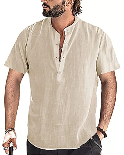 YAOBAOLE Chemise Lin Homme Manche Courte Chemise en Lin Homme Été Chemises Hommes Col Mao Henley Shirt Hommes Kaki 3XL