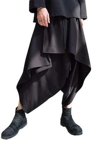 AITFINEISM Herrbyxor Med Dragsko Lässige Hippie Harem Byxor Löst Drop Crotch Byxor (XL,Svart 3530)