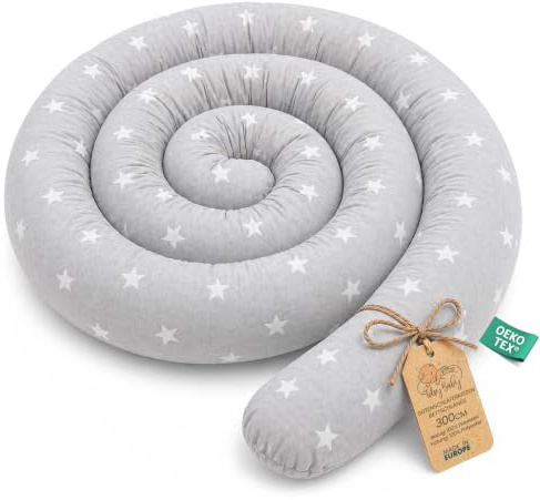 Cojín serpiente XXL Almohada de cama Cojín de lactancia Rollo de cama Protector de borde de cama Cojín decorativo Alrededor de cama Serpiente XL Estrellas blancas sobre gris 300 cm Oeko-Tex