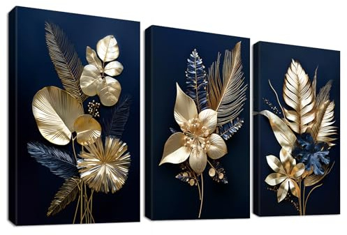 3 Pcs Marco De Madera Cuadro Moderno Lienzo Decorativos Hojas de Palma Tropical Pintura Imagen Flores 3d Azul Marino Dorado Cuadros Decoracion Salon Modernos Dormitorios Baño Pasillo 50cmx70cmx3