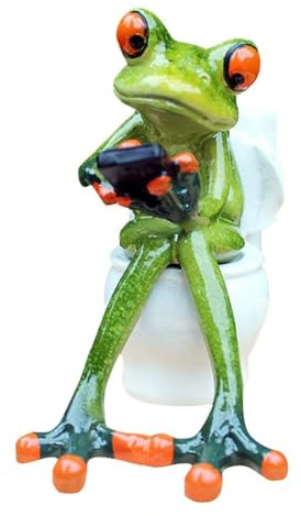 Queemie Funny Frog Sitting on Toilet Resin Figurine, Novelty Froggy Pen Holder Sculpture Mascot Frogs 3D Crafts Statue for Home Office Bathroom Outdoor Garden Decoration Gifts