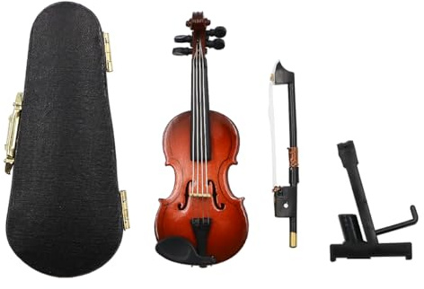 Sarini Modèle d'instrument en Bois de Violon Miniature de 8cm avec Support avec nœud et étui en Cuir Noir pour décoration de Maison de poupée et de Bureau
