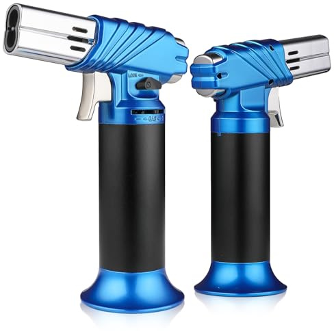 mollie Mini Butane Torch Lighter with Adjustable Flame, Small Refillable Kitchen Cooking Blow Torch for Creme Brulee, Windproof Baking Torch with Safety Lock, Blue 2-Pack (Butane Gas Not Included)