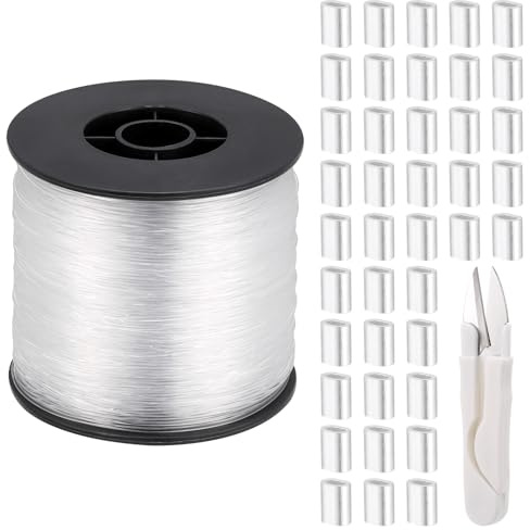 Zocipro Strong Clear Invisible Hanging Wire, 0.8mm 656 Feet Nylon Monofilament Fishing Wire with 120 Aluminum Crimping Sleeves & Scissors, Clear Fishing Line for Hanging Decorations, Crafts