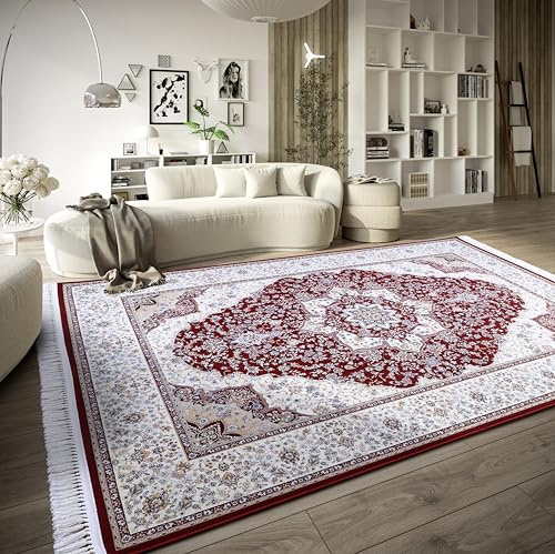 Villeroy & Boch matta med kort lugg – orientalisk vardagsrumsmatta – tätt vävd med fransar – klassisk matta för vardagsrum, sovrum, matsal, hall – röd kräm, 155 x 235 cm