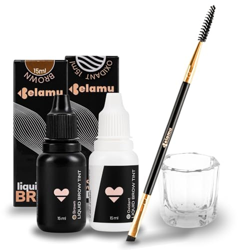 Belamu Brow Liquid Tint Kit - Hot Novelty Professional Hybrid Eyebrow Dye Set - Super Long Lasting - Up to 6 Weeks - Tint Color, Oxidant, Quality Dual-Ended Brush, Glass Dish, BROWN TINT KIT