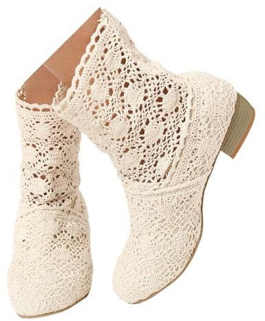Dasongff Stivaletti da donna in pizzo da donna, con tacchi a blocco, punta rotonda, stile Boemia, stivali da ufficio eleganti, stivali da lavoro da donna, antiscivolo