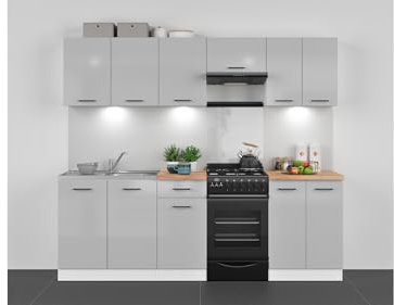 BLACK RED WHITE Küchenkomplettset Junona Line 240 cm mit Arbeitsplatte Hellgrau Glanz, modulare Küchenmöbel, Schränke in Weiß/Hellgrau, elegant & praktisch