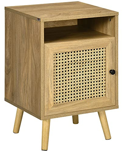 HOMCOM Comodino per Camera da Letto, Comodino Piccolo in Legno, Stile Boho, con Armadietto e Ripiano Aperto, per Camera da Letto, Soggiorno, 39x35x60 cm, Colore Legno