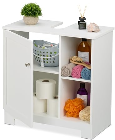 Relaxdays Mueble Baño con Puerta y Compartimentos, 60 x 60 x 30 cm, de MDF, Armario para Bajo del Lavabo, Blanco