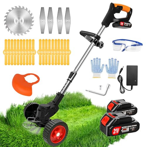Debroussailleuse Electrique sans Fil 21V Coupe Bordure sans Fil avec Batterie 3 Types de Lames et Roues Réglable Débroussailleuses Electrique Batterie pour Jardin, Pelouse, Ferm