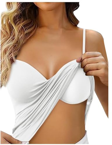 Generisch Haut avec soutien-gorge intégré pour femme - En coton - Sans armatures - Débardeur spaghetti - Avec bonnets - Couleur unie - Confortable - Coton intégré - Soutien-gorge intégré - Chemise