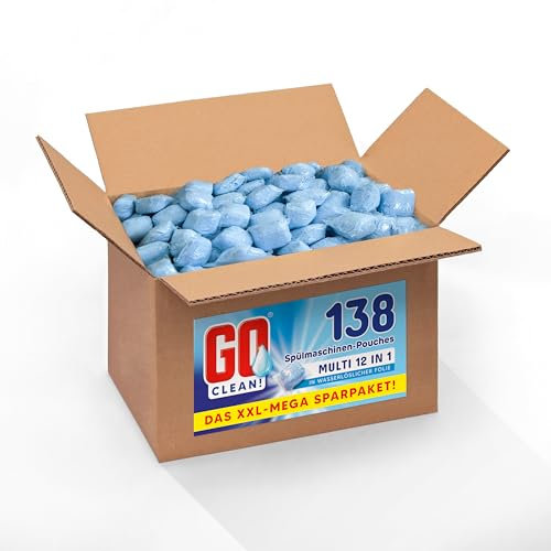 2,5 kg ca. 138 Sück GO clean! 12-in-1 Spülmaschinentabs - Geschirrspültabs - Geschirrreiniger - Tabs - Pouches 18g in wasserlöslicher Folie. Starke Reinigungskraft gegen Schmutz und Fett.