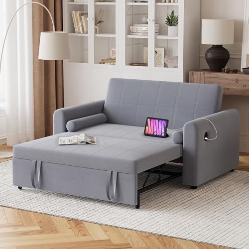 Hadibio Double Sofa Bed, Convertible Linen 2 Seater Sofa Bed with Storage Pockets, 3 Adjustable Backrest and USB & Type-C, 3-in-1 Pull Out Couch Bed for Living Room, Bedroom, Dark Grey