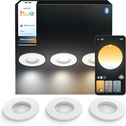 Philips Hue White Ambiance Adore recessed spotlights 3-Pack, dimmable Bathroom Lights for Hue Lighting System with Warm- to coolwhite Light, Intelligent Light Control via Voice and app, White