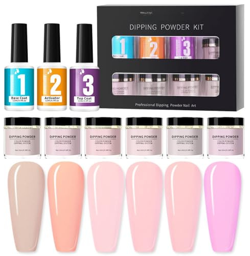 Kit de polvo de inmersión de uñas de 6 colores con base, activador y capa superior para manicura francesa, no requiere lámpara UV/LED, arte de uñas DIY para principiantes y entusiastas