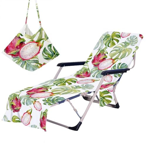 Surwin Housse de Chaise de Plage, Serviette de Plage Couverture Séchage Rapide Housse pour Chaise Longue de Jardin Protection Bain de Soleil pour Hôtel -Fruit Tropical (Fruit du dragon,75x210cm)