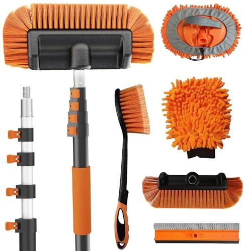 Buyplus 18FT Reach Car Wash Brush with Long Handle - Car Cleaning Kit with 3-12FT Extension Pole, Wheel Brush, Microfiber Cleaning Mop, Mitt, Window Squeegee for RV Truck SUV Boat Solar Pane Washing