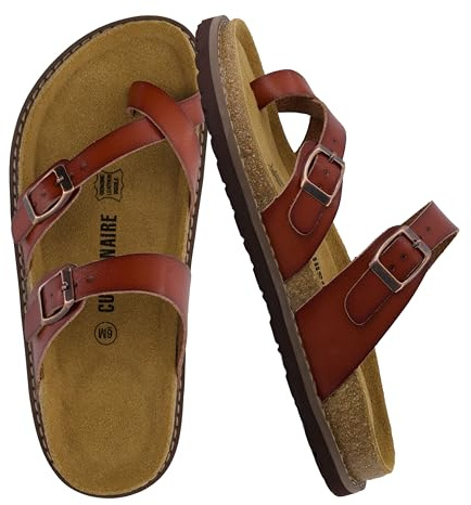 CUSHIONAIRE Pluto Cork Footbed Summer Sandals For Women 2025 Comfortable Slides With Adjustable Buckles, Toe Loop & Stitched Design – Stylish Slip On Women Footwear, Whiskey 10W