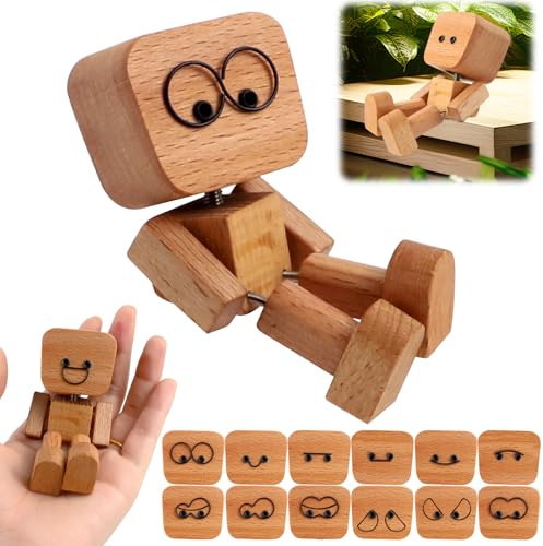 ROTKUSZ Homme en Bois Vacillant, Charmante Petite Figurine en Bois avec 12 Expressions Magnétiques avec Pieds Vacillants, Décoration de Tableau de Bord, pour Table, Taccessoires de Voiture