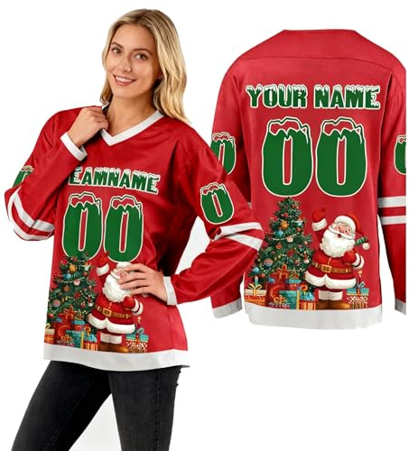 Personalized Christmas Family Ice Hockey Jersey for Kids and Adults, Custom Long Sleeve Shirt with Team Names, Numbers, and Player Names, Youth Hockey Tops Red