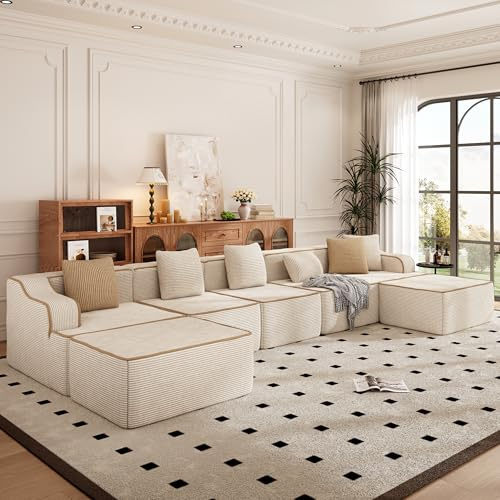 PHI VILLA Modular Boneless Couch, U-Shaped 7 Seater Cloud Sofa for Living Room, Foam Compressed Corner Sectional Sofas with Deep Seat and 6 Pillows, No Assembly Required, Corduroy Beige