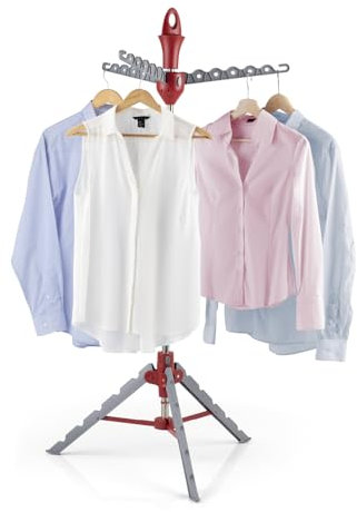 EASYmaxx stendibiancheria Vario per camicie | Stendibiancheria pieghevole per grucce | Altezza regolabile | Asciugabiancheria, stendibiancheria con ganci per stirare [grigio/rosso]