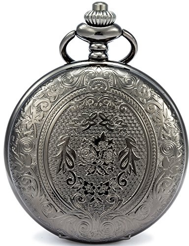 SEWOR Classic geschnitzt Shell Zifferblatt Japanisches Quarz-Uhrwerk Taschenuhr mit Fashion Double Kette (Metall & Leder) (Black)