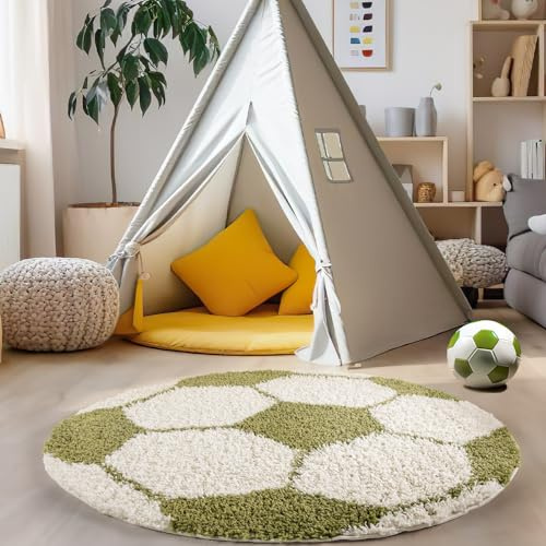 Carpettex Kinderteppich Fußball-Design Grün 100 cm Rund - Hochflor Teppich Kinderzimmer für Mädchen und Jungen Super Weich Flauschig - Runder Spielteppich Babyteppich Gaming Teppich Babyzimmer