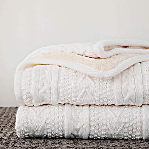 Longhui bedding LANSOW Acrylic Cable Knit Sherpa Throw Blanket – Thick, Soft, Big, Cozy Ivory White Knitted Fleece Blankets for Couch, Sofa, Bed – Large 50 x 63 Inches Ivory White Coverlet All Season