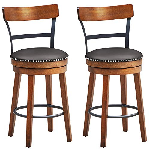 COSTWAY Bar Stools Set of 2, 360-Degree Swivel Stools with Leather Padded Seat, Single Slat Ladder Back & Solid Rubber Wood Legs, Counter Height Stools for Pub, Restaurant, Kitchen, Brown (2, 25.5)