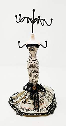 Vintage Dress Form Jewellery Holder Stand – 20cm Fabric Mannequin with Lace Trim & Hooks – Necklace, Bracelet, Ring Organiser for Dressing Table, Bedroom or Vanity Display – Elegant Décor JR-1416