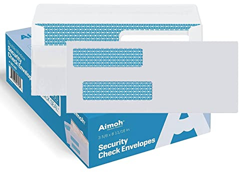 Aimoh #8 Double Window Flip & Seal Security Check Envelopes 500 Qty, Fits Business QuickBooks Checks Perfectly - Not for Invoices, Size 3 ⅝ x 8 ¹¹⁄₁₆ Inches (30108)