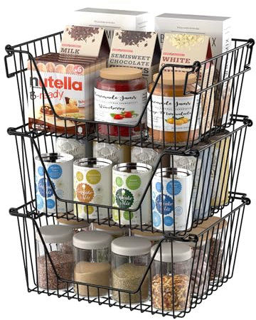 SANNO Stapelbare Drahtkörbe, stapelbar, für Gemüse, Speisekammer, Kühlschrank und Badezimmer, 3 Stück