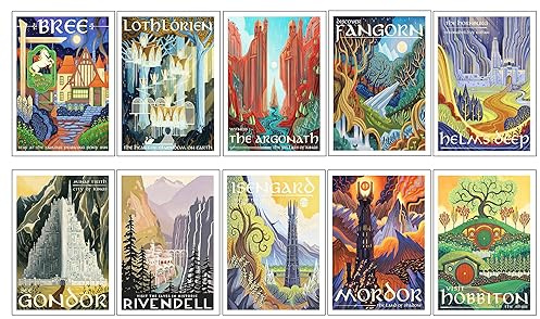 Set 10 cuadros base madera, Decoración Salón Modernos, Dormitorios, Habitación, Series y Películas El señor de los Anillos, El Hobbit con colgadores metálicos, (29 x 20 cm cada cuadro)