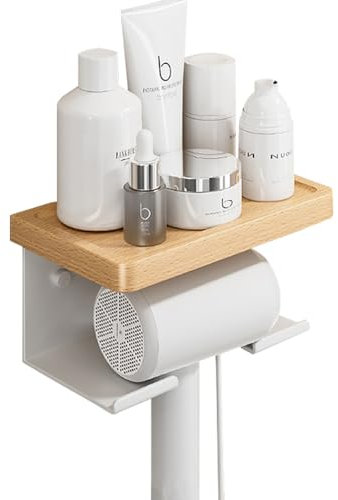 LNGFSH Föhnhalter Wand Ohne Bohren, Holz Aluminium Föhn Halterung mit 2 Fächern Aufbewahrung und Kabelhaler, Fönhalter Ohne Bohren Haartrocknerhalter für Bad Barbershop Hotel (20cm,Weiß)